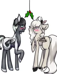 Size: 600x776 | Tagged: safe, artist:blacksky1113, derpibooru import, oc, oc:ghost rose, oc:spirit walker, unofficial characters only, bat pony, pegasus, pony, blushing, couple, holly, holly mistaken for mistletoe, simple background, white background