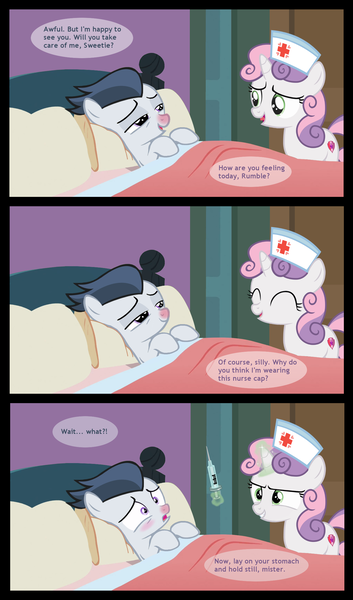 Size: 1352x2301 | Tagged: safe, artist:lunaticdawn, derpibooru import, rumble, sweetie belle, pony, unicorn, bed, cold, colt, comic, cutie mark, female, filly, levitation, magic, male, needle, nurse, nurse outfit, pillow, sick, syringe, telekinesis, the cmc's cutie marks, this will end in pain, this will not end well