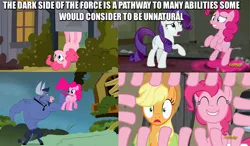 Size: 834x486 | Tagged: safe, derpibooru import, edit, edited screencap, screencap, applejack, iron will, pinkie pie, rarity, a friend in deed, hearthbreakers, putting your hoof down, the saddle row review, bush, caption, emperor palpatine, image, image macro, in which pinkie pie forgets how to gravity, jpeg, meme, pinkie being pinkie, pinkie physics, pinkiecopter, revenge of the sith, star wars, tail, tail pull, the force, tree, wat
