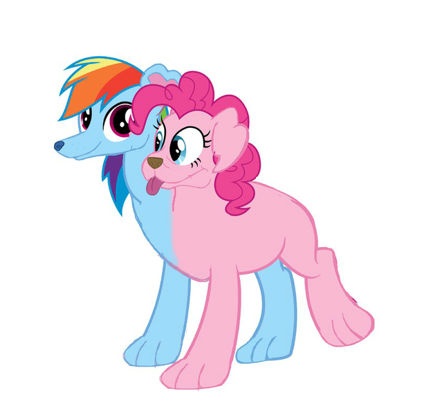 Size: 836x785 | Tagged: artist:theunknowenone1, conjoined, derpibooru import, dog, fusion, multiple heads, orthros, pinkie pie, puppy pie, rainbow dash, rainbow dog, safe, simple background, source needed, species swap, two heads, useless source url, white background