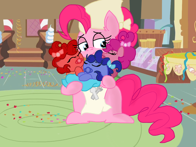 Size: 1024x768 | Tagged: safe, artist:fluttershyfilly-yay, derpibooru import, pinkie pie, oc, oc:blueberry pie, oc:cherry pie, oc:raspberry pie, pony, apron, baby, baby pony, clothes, cute, mama pinkie, offspring, parent:cheese sandwich, parent:pinkie pie, parents:cheesepie, sugarcube corner, tired, tri pie triplets, triplets