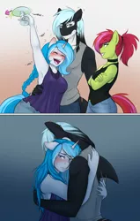 Size: 3013x4734 | Tagged: safe, artist:askbubblelee, derpibooru import, oc, oc:bubble lee, oc:imago, oc:mako, oc:margarite mix, unofficial characters only, anthro, earth pony, orca pony, original species, absurd resolution, anthro oc, blushing, clothes, crossed arms, drink, drunk, ear piercing, grin, guilt, hug, makolee, piercing, scar, smiling, tanktop, trio