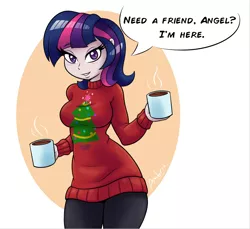 Size: 914x838 | Tagged: abstract background, artist:ambris, blushing, christmas sweater, clothes, colored pupils, curvy, derpibooru import, dialogue, female, hourglass figure, human, humanized, looking at you, mug, safe, smiling, solo, speech bubble, steam, sweater, talking to viewer, thighlight sparkle, thunder thighs, twilight sparkle