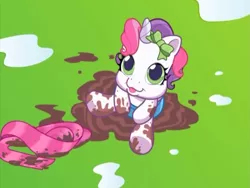 Size: 640x480 | Tagged: safe, derpibooru import, screencap, sweetie belle, pony, over two rainbows, :3, clothes, cute, g3.5, looking up, mud, muddy, newborn cuties, once upon a my little pony time, out of context, scarf, smiling, solo