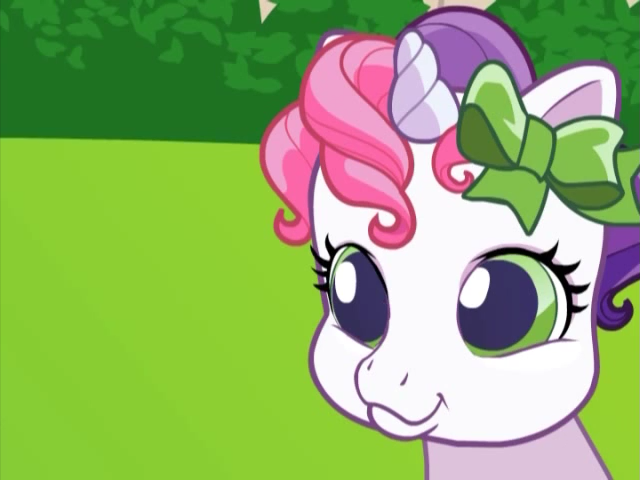 Size: 640x480 | Tagged: safe, derpibooru import, screencap, sweetie belle, pony, over two rainbows, baby, baby pony, bow, cute, g3.5, g3.75, hair bow, newborn cuties, once upon a my little pony time, remake, remastered, smiling, solo