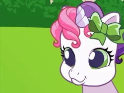 Size: 640x480 | Tagged: safe, derpibooru import, screencap, sweetie belle, pony, over two rainbows, baby, baby pony, bow, cute, g3.5, g3.75, hair bow, newborn cuties, once upon a my little pony time, remake, remastered, smiling, solo