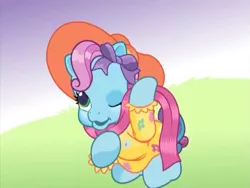 Size: 640x480 | Tagged: safe, derpibooru import, screencap, rainbow dash, pony, over two rainbows, clothes, g3.5, g3.75, newborn cuties, once upon a my little pony time, one eye closed, rainbow dash always dresses in style, scarf, smiling, solo, wink
