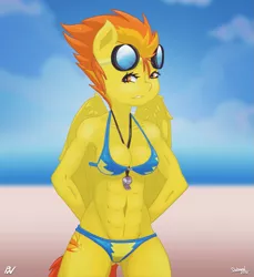 Size: 1367x1494 | Tagged: abs, anthro, artist:oatmeal, artist:pixel's workstation, beach, bikini, breasts, clothes, derpibooru import, female, goggles, solo, solo female, spitfire, stupid sexy spitfire, suggestive, swimsuit, whistle, wonderbolts