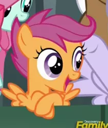 Size: 413x489 | Tagged: safe, derpibooru import, screencap, scootaloo, pegasus, pony, the fault in our cutie marks, cropped, cute, cutealoo, discovery family logo, female, filly, open mouth, spread wings, wings