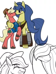 Size: 600x800 | Tagged: amazon, amazonian, armor, artist:casualcolt, ask the amazon mares, blushing, cute, derpibooru import, eyes closed, hat, kissing, oc, oc:river song, oc:scifresh, oc x oc, safe, shipping, size difference, unofficial characters only