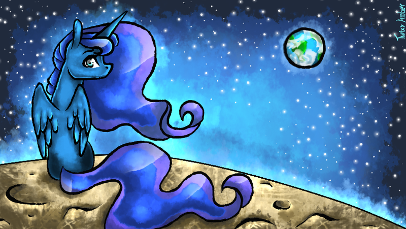 Size: 816x460 | Tagged: safe, artist:twixyamber, derpibooru import, princess luna, earth, moon, sitting, solo, space, stars