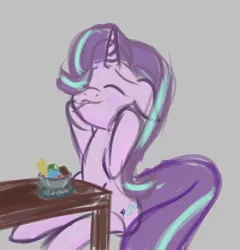 Size: 804x838 | Tagged: artist needed, safe, derpibooru import, starlight glimmer, pony, unicorn, bowl, cute, eyes closed, female, floppy ears, food, glimmerbetes, gray background, ice cream, mare, simple background, sitting, sketch, smiling, solo, spoon, table