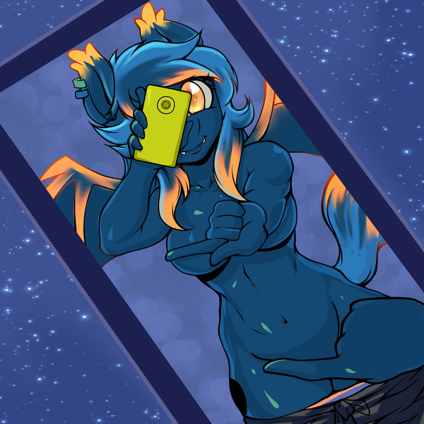 Size: 3000x3000 | Tagged: questionable, artist:apolo18, derpibooru import, oc, oc:meteor shower, unofficial characters only, anthro, bat pony, belly button, casual nudity, colored pupils, covering, ear piercing, female, female pov, first person view, mirror, nudity, offscreen character, one finger selfie challenge, phone, piercing, pov, raised tail, selfie, smartphone, solo, solo female, spread wings, tail, ych result