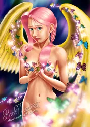 Size: 1440x2038 | Tagged: abstract background, artist:rockmedved, breasts, busty fluttershy, butterfly, casual nudity, covered nipples, derpibooru import, female, fluttershy, human, humanized, nudity, solo, spread wings, suggestive, winged humanization