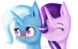 Size: 2183x1384 | Tagged: safe, artist:ladyunilove, derpibooru import, starlight glimmer, trixie, pony, unicorn, :3, :t, blushing, eyes closed, female, hair over one eye, lesbian, looking away, mare, nuzzling, scrunchy face, shipping, simple background, smiling, startrix, transparent background, tsundere