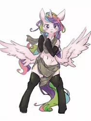 Size: 900x1200 | Tagged: suggestive, artist:yajima, derpibooru import, princess celestia, pony, semi-anthro, belly button, bipedal, blushing, both cutie marks, butt wings, clothes, floppy ears, looking at you, midriff, pinklestia, simple background, socks, solo, spread wings, white background