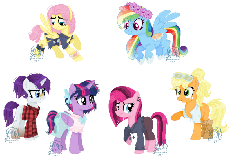 Size: 1024x693 | Tagged: safe, artist:saramanda101, artist:selenaede, derpibooru import, applejack, fluttershy, pinkie pie, rainbow dash, rarity, twilight sparkle, twilight sparkle (alicorn), alicorn, earth pony, pegasus, pony, unicorn, alternate hairstyle, alternate universe, bandage, bandaid, base used, boots, bow, clothes, dress, ear piercing, earring, flannel, floral head wreath, flower, freckles, goth, gun, hair bow, hoodie, jacket, jewelry, knife, mane six, open mouth, pants, piercing, pinkie pie is not amused, ponytail, punk, saddle, shoes, simple background, skirt, sunglasses, tack, tomboy, transparent background, unamused, weapon