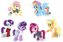 Size: 1024x693 | Tagged: safe, artist:saramanda101, artist:selenaede, derpibooru import, applejack, fluttershy, pinkie pie, rainbow dash, rarity, twilight sparkle, twilight sparkle (alicorn), alicorn, earth pony, pegasus, pony, unicorn, alternate hairstyle, alternate universe, bandage, bandaid, base used, boots, bow, clothes, dress, ear piercing, earring, flannel, floral head wreath, flower, freckles, goth, gun, hair bow, hoodie, jacket, jewelry, knife, mane six, open mouth, pants, piercing, pinkie pie is not amused, ponytail, punk, saddle, shoes, simple background, skirt, sunglasses, tack, tomboy, transparent background, unamused, weapon