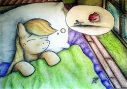 Size: 2827x1982 | Tagged: apple, applejack, artist:ponystarpony, bed, derpibooru import, food, hatless, missing accessory, nightmare, running, safe, sleeping, solo, sweat, thought bubble, traditional art, window