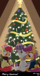 Size: 1440x2700 | Tagged: 2017, alternate cutie mark, apple bloom, artist:dtcx97, christmas tree, clothes, cutie mark crusaders, derpibooru import, older, safe, scarf, scootaloo, sweater, sweetie belle, tree