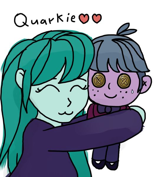 Size: 1080x1224 | Tagged: safe, derpibooru import, cold forecast, quark fusion, equestria girls, friendship games, background human, doll, heart, one sided shipping, quarkcast, shipping, sweatdrop, toy