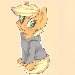 Size: 1050x1050 | Tagged: safe, artist:dbleki, derpibooru import, applejack, earth pony, pony, blushing, clothes, cute, fluffyball, hoodie, jackabetes, sitting, solo