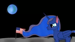 Size: 1920x1080 | Tagged: safe, artist:phenioxflame, derpibooru import, princess luna, alicorn, pony, american flag, crying, earth, female, flag, floppy ears, frown, lidded eyes, looking down, mare, moon, nose wrinkle, on the moon, planet, sad, solo, space, stars