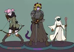 Size: 1476x1039 | Tagged: anthro, anthro oc, archery, armor, arrow, artist:linedraweer, axe, changeling, changeling oc, cleric, commission, dagger, derpibooru import, dragon, hood, mage, oc, oc:paltrin, oc:sweet cheeks, oc:titch, plantigrade anthro, ranger, safe, sword, unofficial characters only, weapon