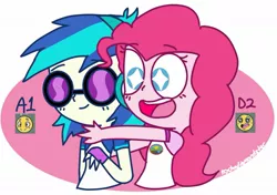 Size: 1153x811 | Tagged: safe, artist:psychodiamondstar, derpibooru import, pinkie pie, vinyl scratch, equestria girls, clothes, duo, emoji, excited, smiling, sunglasses