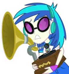 Size: 3656x3900 | Tagged: safe, artist:sketchmcreations, derpibooru import, vinyl scratch, equestria girls, legend of everfree, clothes, concerned, cradling, fingerless gloves, gloves, gritted teeth, headphones, phonograph, shorts, simple background, solo, sunglasses, transparent background, vector