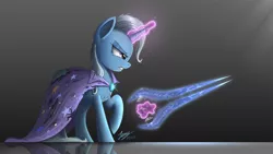 Size: 2200x1238 | Tagged: safe, artist:duskie-06, derpibooru import, trixie, pony, unicorn, chest fluff, clothes, crossover, energy sword, female, fluffy, frown, glare, glowing horn, gradient background, gritted teeth, halo (series), levitation, magic, mare, raised hoof, reflection, signature, solo, sword, telekinesis, torn clothes, trixie's cape, weapon