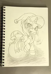 Size: 831x1200 | Tagged: safe, artist:fuzon-s, derpibooru import, sunset shimmer, pony, christmas, clothes, costume, grayscale, happy, hat, looking up, monochrome, raised hoof, sack, santa costume, santa hat, santa sack, sketch, solo, style emulation, traditional art, yuji uekawa style