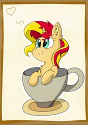 Size: 2456x3484 | Tagged: safe, artist:meowmavi, derpibooru import, sunset shimmer, pony, equestria girls, blushing, chest fluff, cup, cup of pony, ear fluff, heart, micro, solo