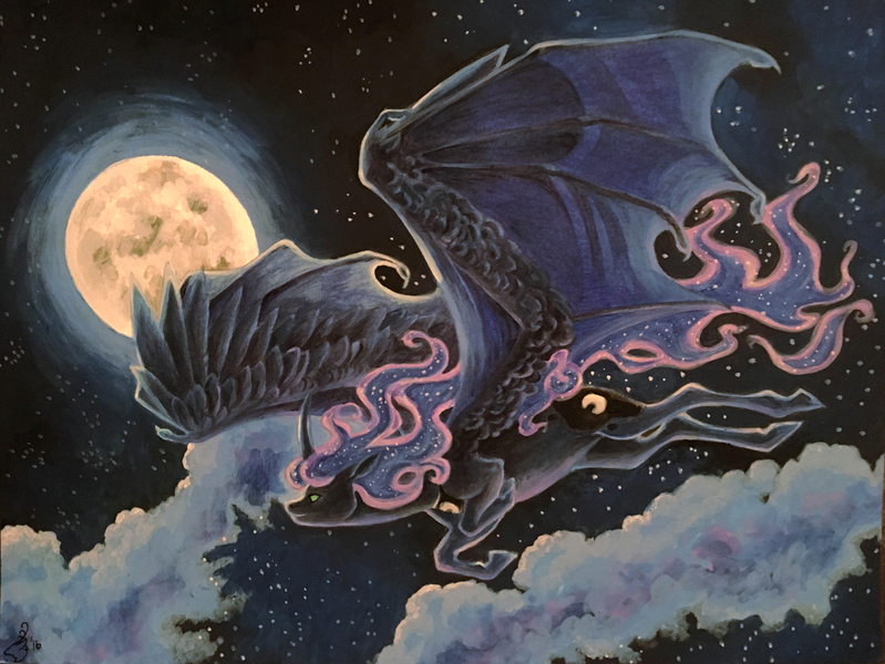 Size: 1100x826 | Tagged: safe, artist:chasingthesilverstag, derpibooru import, princess luna, alicorn, pony, cloud, curved horn, female, flying, full moon, glowing eyes, hybrid wings, mare, moon, night, solo, traditional art