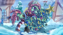 Size: 3000x1688 | Tagged: safe, artist:discorded, artist:pirill, derpibooru import, derpy hooves, tree hugger, earth pony, pony, christmas, christmas lights, christmas tree, clothes, collaboration, costume, dock, dreadlocks, featureless crotch, frown, hat, hug, leaning, lidded eyes, literal, mistletoe, name pun, open mouth, raised hoof, santa costume, santa hat, scarf, smiling, snow, socks, solo focus, striped socks, tree, tree hugger hugging a tree, treebutt, underhoof, wide eyes, winter