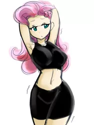 Size: 1050x1400 | Tagged: armpits, artist:jovalic, belly button, breasts, busty fluttershy, clothes, derpibooru import, female, fluttershy, human, humanized, midriff, shorts, simple background, solo, sports bra, sports shorts, suggestive, white background