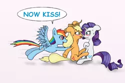 Size: 1200x800 | Tagged: safe, artist:eulicious, derpibooru import, applejack, rainbow dash, rarity, blushing, eye contact, female, floppy ears, lesbian, looking at each other, now kiss, rainbow the shipper, rarijack, shipper on deck, shipping, simple background, sweat