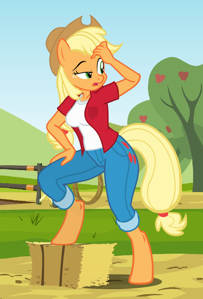 Size: 635x937 | Tagged: anthro, applejack, artist:flash equestria photography, clothes, cowboy hat, derpibooru import, hat, hay bale, jeans, looking back, pants, pose, rope, safe, show accurate anthro, solo, unguligrade anthro