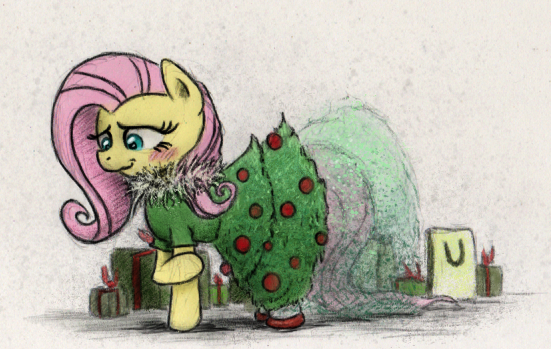 Size: 551x349 | Tagged: safe, artist:hewison, derpibooru import, fluttershy, blushing, christmas, clothes, dress, fluttertree, looking down, solo