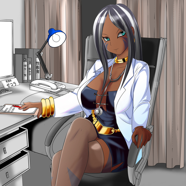 Size: 4764x4764 | Tagged: absurd resolution, artist:0ryomamikado0, bedroom eyes, big breasts, bracelet, breasts, busty zecora, chair, cleavage, clothes, crossed legs, dark skin, derpibooru import, desk, doctor, ear piercing, earring, female, human, humanized, jewelry, lab coat, lamp, looking at you, monitor, necklace, nurse, phone, piercing, smiling, solo, solo female, stethoscope, suggestive, zecora