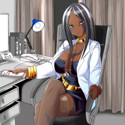 Size: 4764x4764 | Tagged: absurd resolution, artist:0ryomamikado0, bedroom eyes, big breasts, bracelet, breasts, busty zecora, chair, cleavage, clothes, crossed legs, dark skin, derpibooru import, desk, doctor, ear piercing, earring, female, human, humanized, jewelry, lab coat, lamp, looking at you, monitor, necklace, nurse, phone, piercing, smiling, solo, solo female, stethoscope, suggestive, zecora