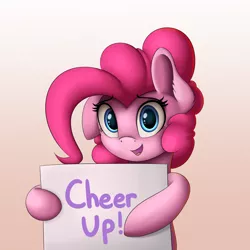 Size: 2000x2000 | Tagged: safe, artist:vanillaghosties, derpibooru import, pinkie pie, earth pony, pony, cute, diapinkes, ear fluff, female, floppy ears, gradient background, hoof hold, looking at you, mare, open mouth, positive ponies, sign, smiling, solo