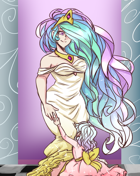 Size: 816x1026 | Tagged: artist:missyandi, clothes, derpibooru import, dress, hug, human, humanized, hybrid, interspecies offspring, momlestia, mother and daughter, oc, oc:lucina, offspring, parent:discord, parent:princess celestia, parents:dislestia, princess celestia, safe, smiling