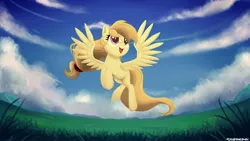 Size: 3840x2160 | Tagged: safe, artist:lilapudelpony, derpibooru import, oc, oc:alice goldenfeather, unofficial characters only, pegasus, pony, cloud, cute, field, flying, happy, ocbetes, sky, solo, spread wings