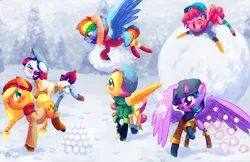 Size: 1920x1242 | Tagged: safe, artist:halem1991, derpibooru import, applejack, fluttershy, pinkie pie, rainbow dash, rarity, twilight sparkle, twilight sparkle (alicorn), alicorn, pony, backwards cutie mark, beanie, blushing, bucking, clothes, eyes closed, floppy ears, flying, freckles, hat, levitation, magic, mane six, open mouth, raised hoof, raised leg, red nosed, scarf, smiling, snow, snowball fight, snowfall, spread wings, telekinesis, war