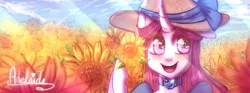 Size: 900x335 | Tagged: artist:melodybell, choker, crepuscular rays, derpibooru import, hat, oc, oc:adelaide, safe, smiling, solo, sunflower, unofficial characters only