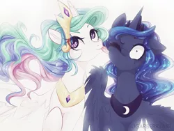 Size: 1280x960 | Tagged: safe, artist:sugarberry, derpibooru import, princess celestia, princess luna, alicorn, pony, cute, cutelestia, duo, duo female, eye clipping through hair, female, floppy ears, licking, mare, one eye closed, royal sisters, shrunken pupils, sillestia, silly, silly pony, sisters, smiling, spread wings, surprised, tongue out, wide eyes, wing fluff