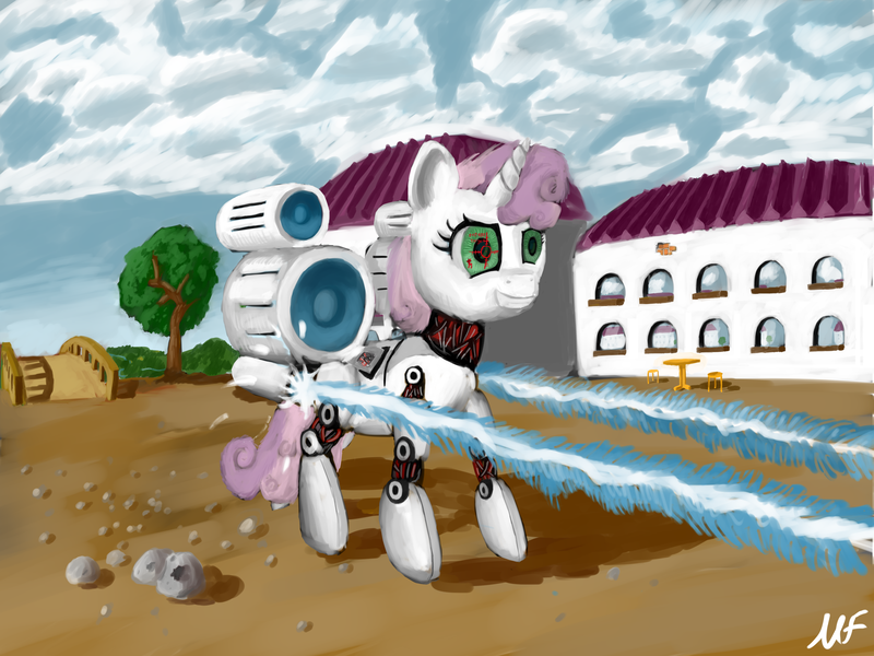 Size: 4000x3000 | Tagged: safe, artist:mrfays, derpibooru import, sweetie belle, pony, robot, robot pony, unicorn, absurd resolution, bridge, building, energy weapon, female, filly, foal, hooves, horn, laser, pebbles, rock, scenery, shooting, signature, smiling, solo, sweetie bot, teeth, traditional art, tree, weapon