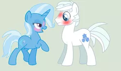 Size: 912x532 | Tagged: safe, artist:jeanniehobbes, derpibooru import, double diamond, trixie, pony, unicorn, blushing, blushing profusely, crack shipping, doubletrix, female, lidded eyes, looking at each other, mare, open mouth, raised hoof, raised leg, shipping, simple background, smiling