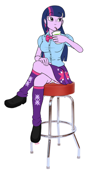 Size: 776x1532 | Tagged: suggestive, artist:someguy88, derpibooru import, twilight sparkle, equestria girls, clothes, cute, cutie mark underwear, drinking, drinking straw, leg warmers, milkshake, panties, panty shot, pleated skirt, shoes, sitting, skirt, skirt lift, solo, underwear, upskirt, white underwear